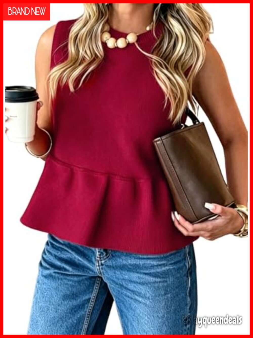 Women's Sleeveless Peplum Sweater Vest Babydoll Knit Top Crew Neck